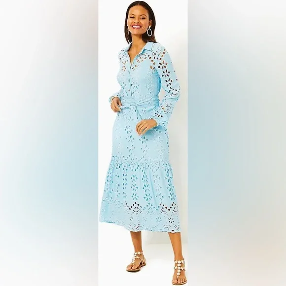 Lilly Pulitzer Zia Eyelet Midi Shirtdress Blue size 8 ❤️‍🔥RARE ❤️‍🔥